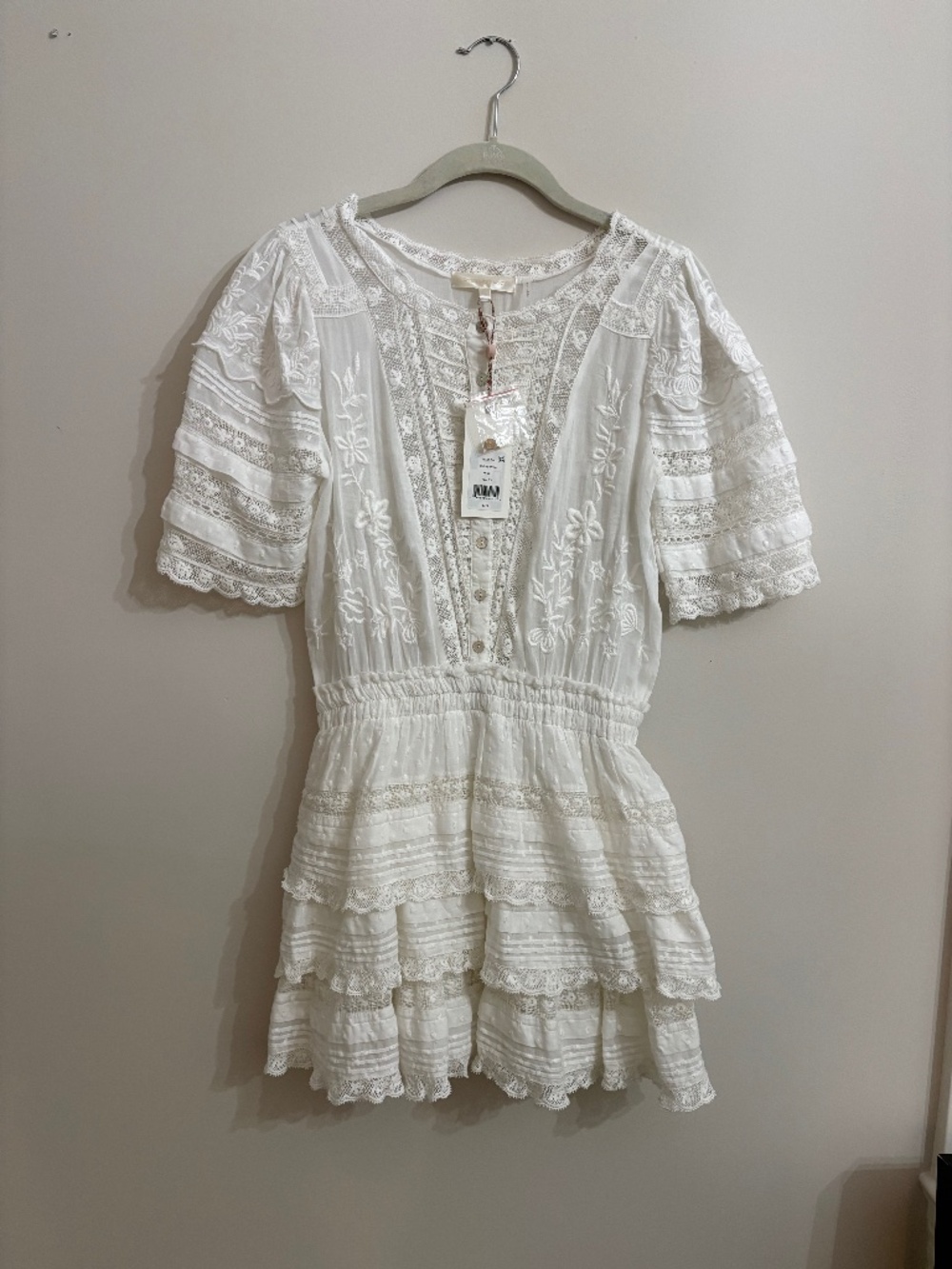 LoveShackFancy Quincy Heritage White Embroidered Lace Mini Dress XS NWT